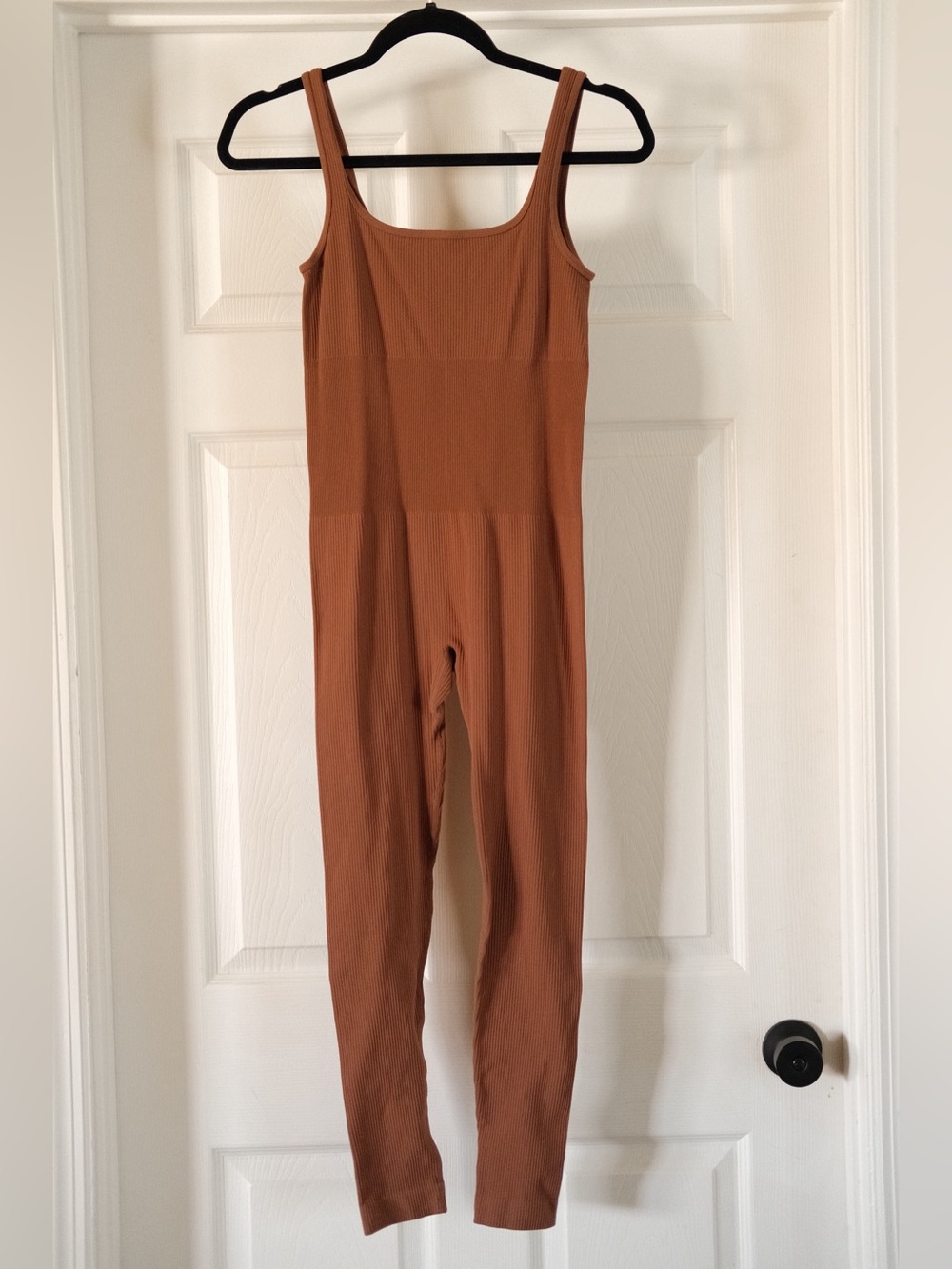 Ribbed Square-Neck Jumpsuit - Rust